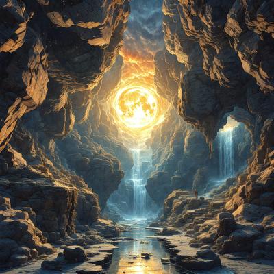 The primary subject of the image is a person standing in a cave, with a waterfall in the background. The setting is a rocky, cave-like environment, and the visual style appears to be a digital art or illustration. The dominant colors in the image are blue and orange, creating a moody atmosphere.